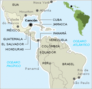 Cancún - Mapa de Localização Mapa ilustrativo da localização de Cancún no México, que tem uma paisagem diversificada.