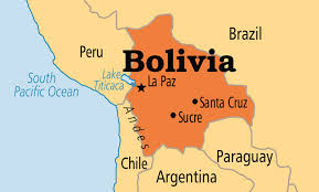 Bolívia - Onde fica. Mapa de localização da Bolívia com as cidades de La Paz, Santa Cruz e Sucre.