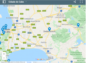 Mapa de Localização da Cidade do Cabo - Stellenbosch - Franschhoek - África do Sul